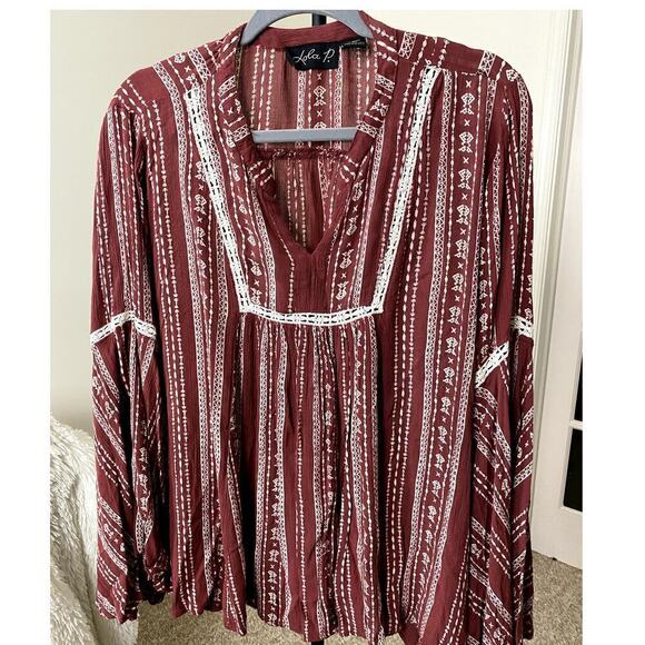 Lola P. Rust & White Boho Blouse - Size M (EUC) - Picture 1 of 7